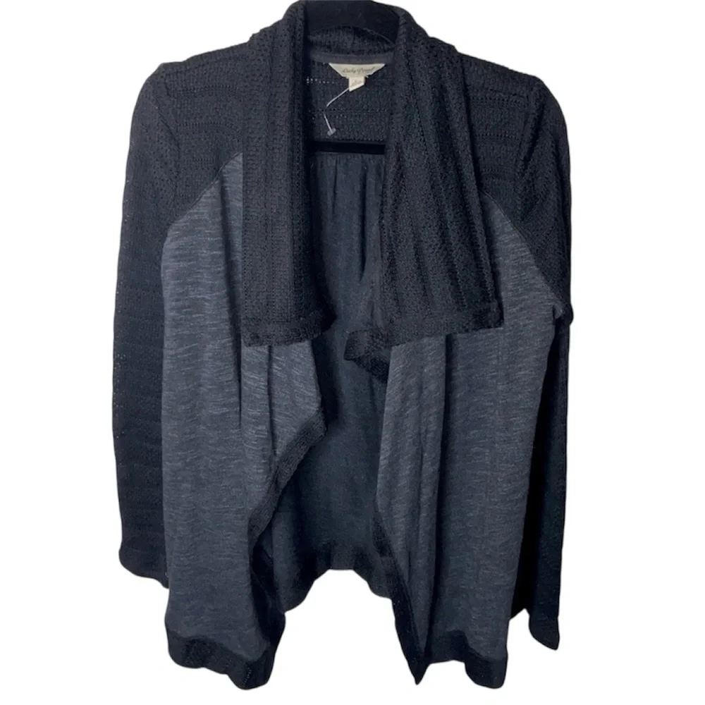 Lucky Brand Open Front Draped Cardigan Sweater Black Gray Knit Size Large